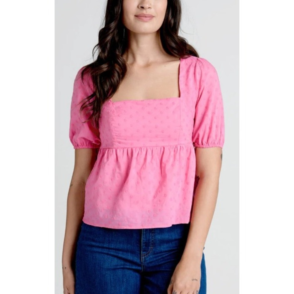 ModCloth Cottagecore Babydoll Top Size L Pink Eyelet Puff Sleeve Spring Summer